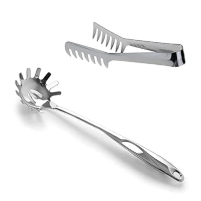 Image of HornTide Pasta Server Set 1x 8 inch Serving Tongs 12 Spaghetti Claw Teethed Ends Design Kitchen Tools