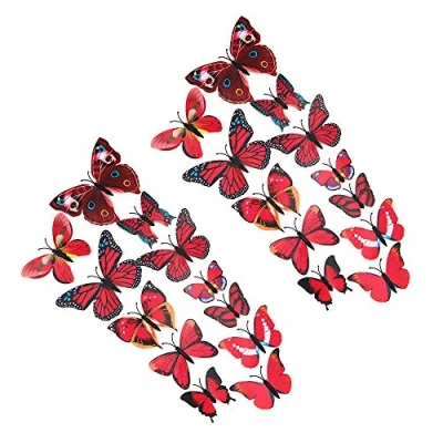 Image of Shiwaki 24pcs 3D simulation three dimensional butterfly magnet wall sticker decoration refrigerator home decoration(Red)