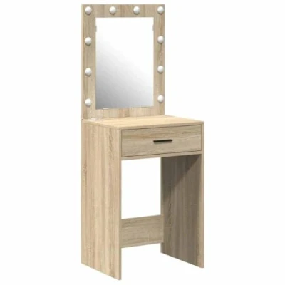 Image of vidaXL Sonoma Oak Vanity Unit Elegant Bedroom Desk with Mirror &amp; LED Lighting Particle Board, 50x41x135 cm