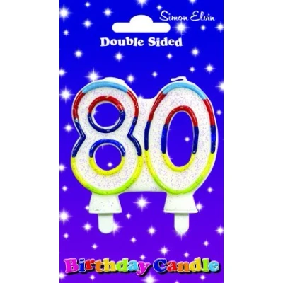Image of Birthday candle Milestone number 80, White joint glittery with a light blue, red, dark blue purple, yellow and green outline of both numbers