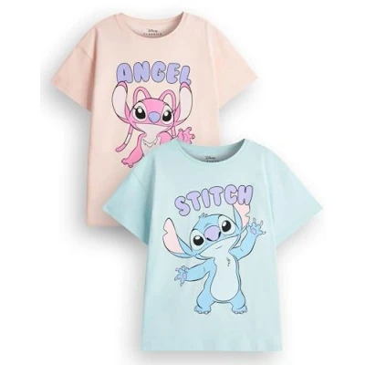 Image of Disney Lilo &amp; Stitch Girls T Shirt Pack of 2 Kids Light Blue Pink Short Sleeve Graphic Tee Set Two Angel Alien Cute Clothing Bundle Movie Series Merchandise Gift