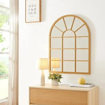 Image of [en.casa] Wall Mirror Villalago Window Golden Frame Optics 80 x 60 cm with Fixing Hook Bedroom Hallway Decoration