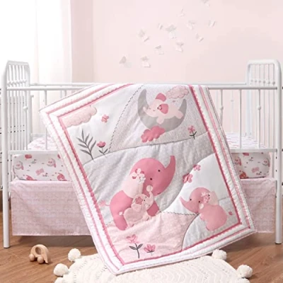 Image of The Peanutshell Pink Elephant Crib Bedding Set 3 Pieces Comforter, Fitted Sheet, Skirt