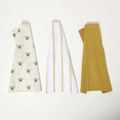 Image of HOMESCAPES Yellow Tea Towels with Bee Design 100% Cotton Set of 3 Super Absorbent Lint Free Kitchen 40 x 65 cm