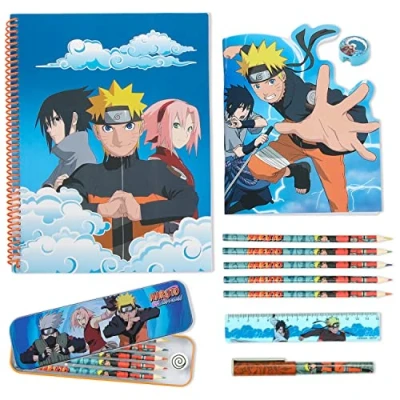 Image of Naruto Stationery Set with Colouring Pencils Tin Pencil Case Childrens Notebooks Bumper Pack Anime School Supplies Gifts for Boys