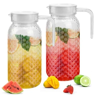 Image of ADERTOS 2 Pack Acrylic Pitcher with Lid and Handle, 1 Litre Clear Water Unbreakable Beverage Transparent Juice Container Fridge Door Jug for Milk Iced Tea Lemonade (BPA Free)