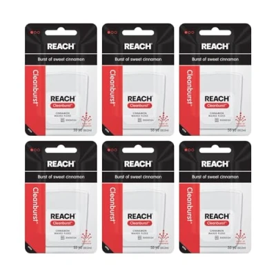 Image of REACH Waxed Dental Floss, Cinnamon, Plaque Remover for Teeth, Shred Resistant, Floss Slides Smoothly, Easy to Use, Waxed, Deep Cleaning Oral Care, PFAS Free, Adults &amp; Kids, 6 Pack, 55 yd