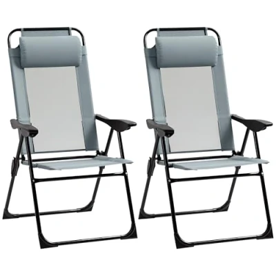 Image of Outsunny Set of 2 Portable Folding Recliner Metal Outdoor Patio Chaise Lounge Chairs with Adjustable Backrest, Grey