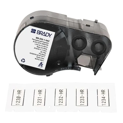 Image of Brady Heat Shrink Polyolefin Label Tape for Printer BMP51/BMP53/M511 80 Self Adhesive Labels Black on White (25,78 mm (W) x 11,15 (H)) M5 250 1 342