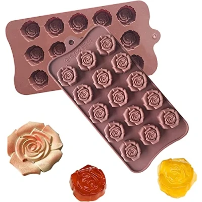 Image of 2PCS Rose Shaped Silicone Chocolate Mold 15 Cavity Flower Ice Cube Tray Valentines Sweet Treats Candy Jelly Gummy Baking Moulds Soap and Wax Melt