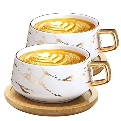Image of VETIN 2 x Cappuccino Cups with Saucer, Marble Cup, 300 ml Porcelain Espresso for Tea, Coffee, Cappuccino, Coffee Wooden Disc (White 2)
