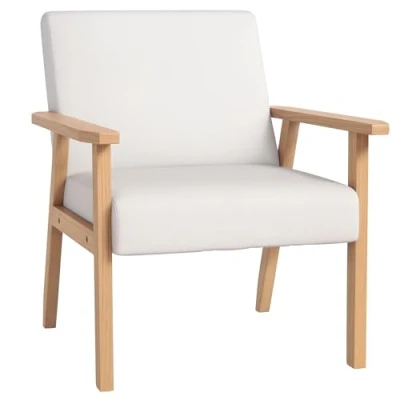 Image of HOMCOM Accent Chair Wood Frame with Thick Linen Cushions Wide Seat Armchair Home Furniture Bedroom Office Cream White
