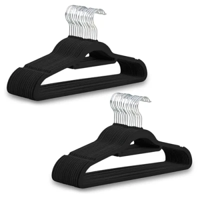 Image of 1ABOVE Premium Quality 50 pack Non Slip Velvet Hangers (44cm) Heavy Duty Suit with Tie Bar, 360 Swivel Hooks Space saving, sturdy to hold Jacket, Jumper &amp; Pullover(Set of BLACK)