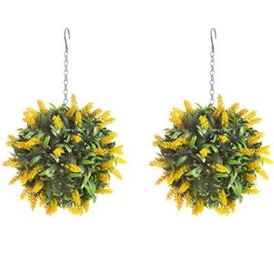 Image of Best Artificial Pair of 24cm Yellow Lavender Lush Long Leaf Flower Topiary Balls
