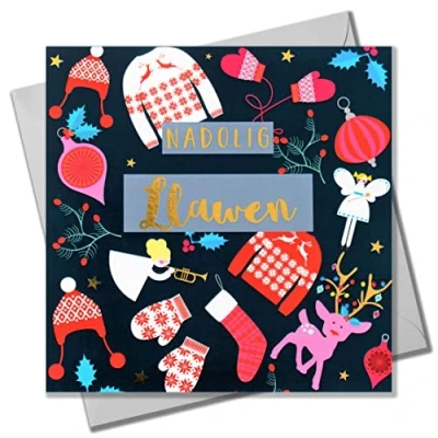 Image of Welsh Christmas Card, Jumpers &amp; Mittens, text foiled in shiny gold