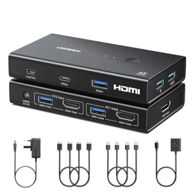 Image of UGREEN HDMI KVM Switch, USB 3.0 Switches Support 4K@60Hz for 2 PC Share 1 Monitor and Keyboard/Mouse/Hard Drives/Printer, 4 Port Switcher with Power Adapter Desktop Controller