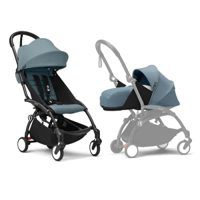 Image of Stokke YOYO3 Stroller with Newborn Pack Includes Black Frame, YOYO 6+ Color (Aqua) &amp; 0+