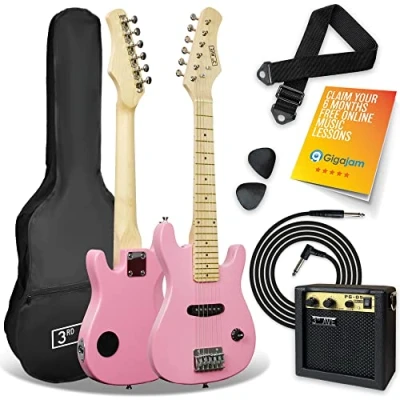 Image of 3rd Avenue 1/4 Size Kids Electric Guitar Pack for Junior Beginners 6 Months FREE Lessons, 5W Portable Amp, Cable, Bag, Picks and Strap Pink