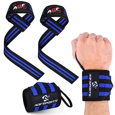 Image of AQF Wrist Support Kit 18 Wraps and Padded Lifting Straps for Deadlifts, Weight lifting, Powerlifting, CrossFit, Fitness Workout, Strength Training Men &amp; Women(1 Pair Each) (Black Blue)