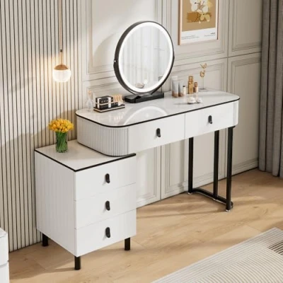 Image of WOLTU Dressing Table with LED Lights Mirror, 3 Colour Dimmable, Vanity Desk 5 Drawers, Makeup Side Cabinet and high gloss tabletop, Flexible Assembly, 100x40cm, White+Black, MB6109ws