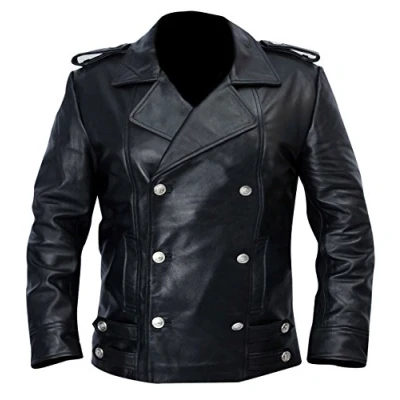 Image of Fashion_First German WW2 Naval Military Uniform Leather Trench Coat Mens Officer Jacket Cowhide Genuine Black Biker
