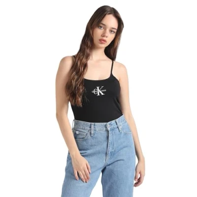 Image of Calvin Klein Jeans Women&#039;s MONOLOGO Strappy Tank TOP J20J223105 S/S Knit, Ck Black, XXS