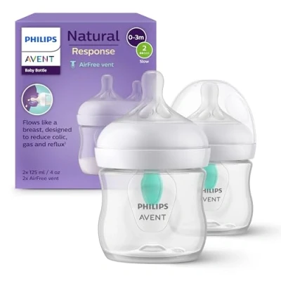 Image of Philips Avent Natural Response Baby Bottle 2X 125ml Milk with AirFree Vent, BPA Free for Newborn Babies Aged 0 Months+ (Model SCY670/02)