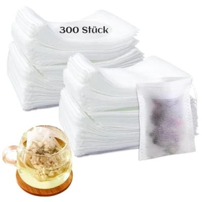 Image of Hitchuey Pack of 300 Tea Bags for Loose Tea, 7 x 9 cm Filter Paper Disposable with Drawstring, Scented Spices, Vanilla, Coffee