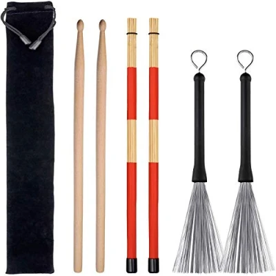 Image of Drum Sticks Set, 1 Pair Wire Brushes Retractable Stick Brush, Rods and 5A Classic Maple Wood for Jazz Folk Acoustic Music Lover Gift Total 3 Pairs