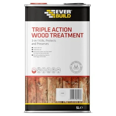 Image of Everbuild Triple Action (Kills, Protects And Preserves) Wood Treatment Lasting Protection From Damage Caused By Rot, Fungi Boring Insects Clear 5 Litre