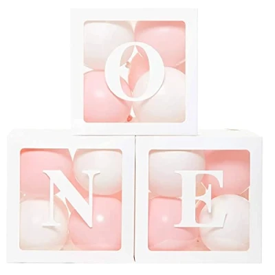 Image of 1st Birthday Party Decoration Boxes for Boys Girls, 3Pcs White One Balloon with Letter Baby Shower, Blocks 1 Year Old Supplies, First Decorations