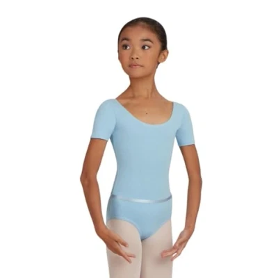 Image of Capezio Girl&#039;s Scoop Neck Short Sleeve Leotard, Light Blue, 12 14 Years