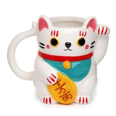 Image of Puckator White Maneki Neko Lucky Cat Ceramic Shaped Tea Coffee Mug Funny Home Accessories Cute Gifts for Girlfriend Large Mugs Men Women Hot Drinks Cups Presents Secret Santa Gift Cup Set