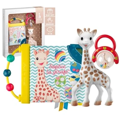 Image of Sophie la Girafe Baby Box Gift Set, Early Learning Book, Giraffe Teething Toy and Hand Rattle for Newborn 0m+