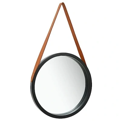 Image of vidaXL Wall mounted Dresser with Faux Leather Strap 40 cm Round Retro Mirror Natural Paulownia Wood Frame Elegant Home Decor
