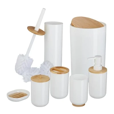 Image of Bathroom Accessories Set, 7 Piece, Plastic &amp; Bamboo, Toilet Brush Bin, Soap Dispenser, Holder, White Relaxdays