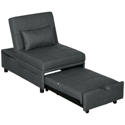 Image of HOMCOM Convertible Chair Bed with Padding Seat, 4 in 1 Multi Functional Sleeper Sofa Bed, Recliner Adjustable Backrest, Side Pocket, Wheels and Pillow, for Living Room, Grey