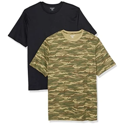 Image of Amazon Essentials Men&#039;s T Shirt Regular Fit Short Sleeve Crewneck, Pack of 2, Black/Camo Print, M