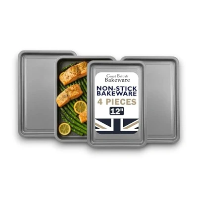 Image of Chabrias Set of 4 Oven Baking Trays, 32 x 22 cm Double Non Stick Coating, British Made
