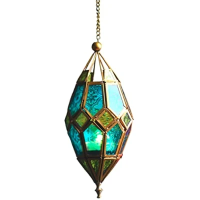 Image of Moroccan Style Hanging Glass Tealight Lantern (Medium Green/Blue)