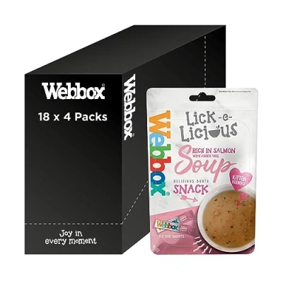 Image of Webbox Lick e Licious Soup Cat Treats, Salmon Kitten Friendly, Made with 100 Percent Fillet, No Artificial Preservatives, Low in Fat (18 x 4 Packs)