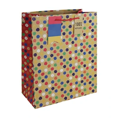Image of Eurowrap Multi Spots Brown Kraft Paper Gift Bag Made from 100% Recycled With Tag Birthday Occassions Large