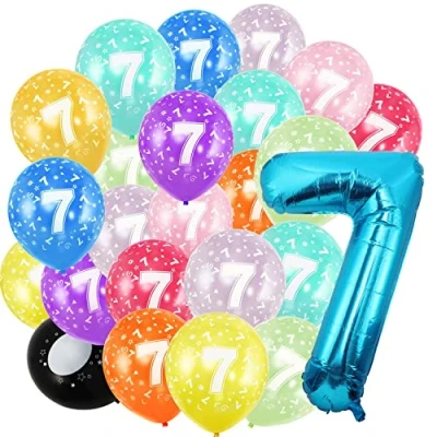 Image of 7nd Birthday Balloons,Blue Number 7 Balloon and 20pcs 12&quot; Multicoloured Numbers Printed Latex Age Balloons,Birthday Balloons for Girls Boys Decorations,7nd Anniversary Party Supplies