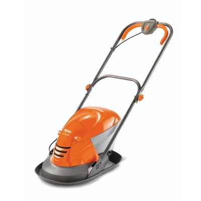 Image of Flymo Hover Vac 250 Electric Collect Lawn Mower 1400W, 25cm Cutting Width, 15L Grass Box, Ambidextrous Handles, Folds Flat, Orange and Grey