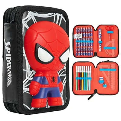 Image of Marvel Pencil Case with Stationery Included School Supplies Filled Large Multiple Compartments Colouring Pencils Pens Boys Set Gifts for (3D Spiderman)