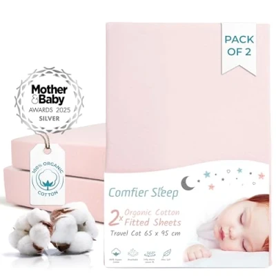 Image of Pink Travel Cot Fitted Sheet 2 Pack Organic Cotton Sheets 95x65 cm for Baby Bed Soft and Stretchy Fit