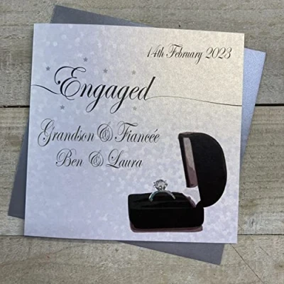 Image of WHITE COTTON CARDS PERSONALISED ENGAGEMENT CARD. ANY RELATION. GRANDSON &amp; FIANCÉE. RING IN BOX DESIGN. Handmade (P16 81 GS XP16 GS)