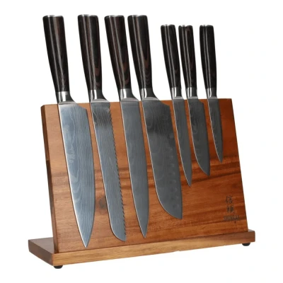 Image of 7 piece Japanese knife set damascus print + acacia wooden holder