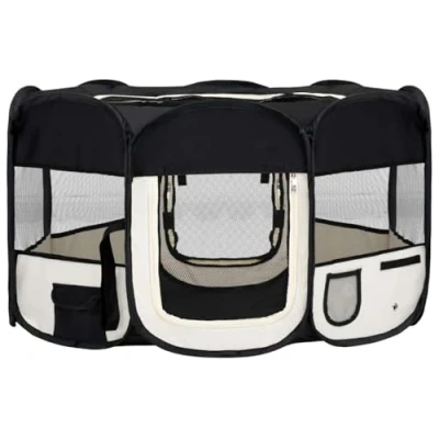 Image of vidaXL Dog Playpen with Carrying Bag, Folding Pet Exercise Kennel, Puppy Cat Run, Sleeping Cage, Indoor Outdoor, Black