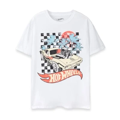 Image of Hot Wheels Mens T Shirt Adults Car Sunset Short Sleeve Distressed Graphic Tee in White Racing Flames Vintage Muscle Apparel Top Rodger Dodger Speed Toy Classic Merchandise Gift for Him